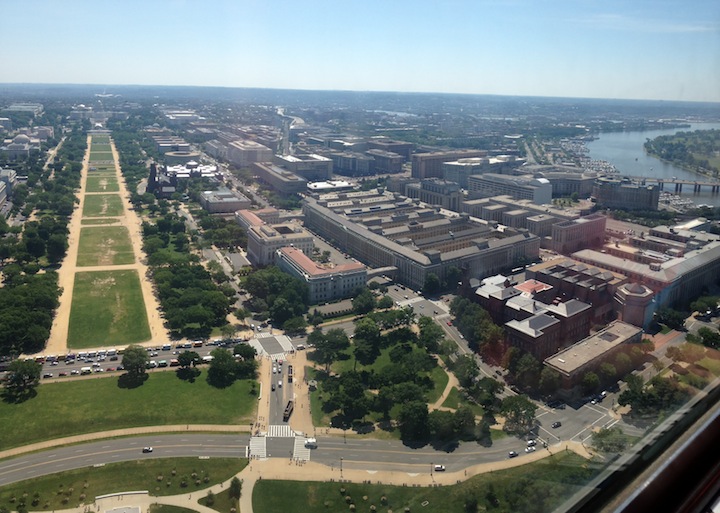 View from top of Washington Monument facing The Capitol, the National Mall and the Potomac River