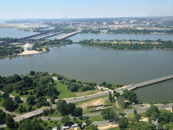 View from top of Washington Monument facing Jefferson Memorial and Regan National Airport